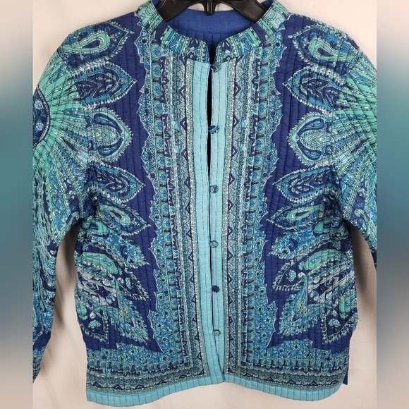 Quilted Long Sleeve Printed Button Down Reversible Jacket Sz L - Picture 3 of 11